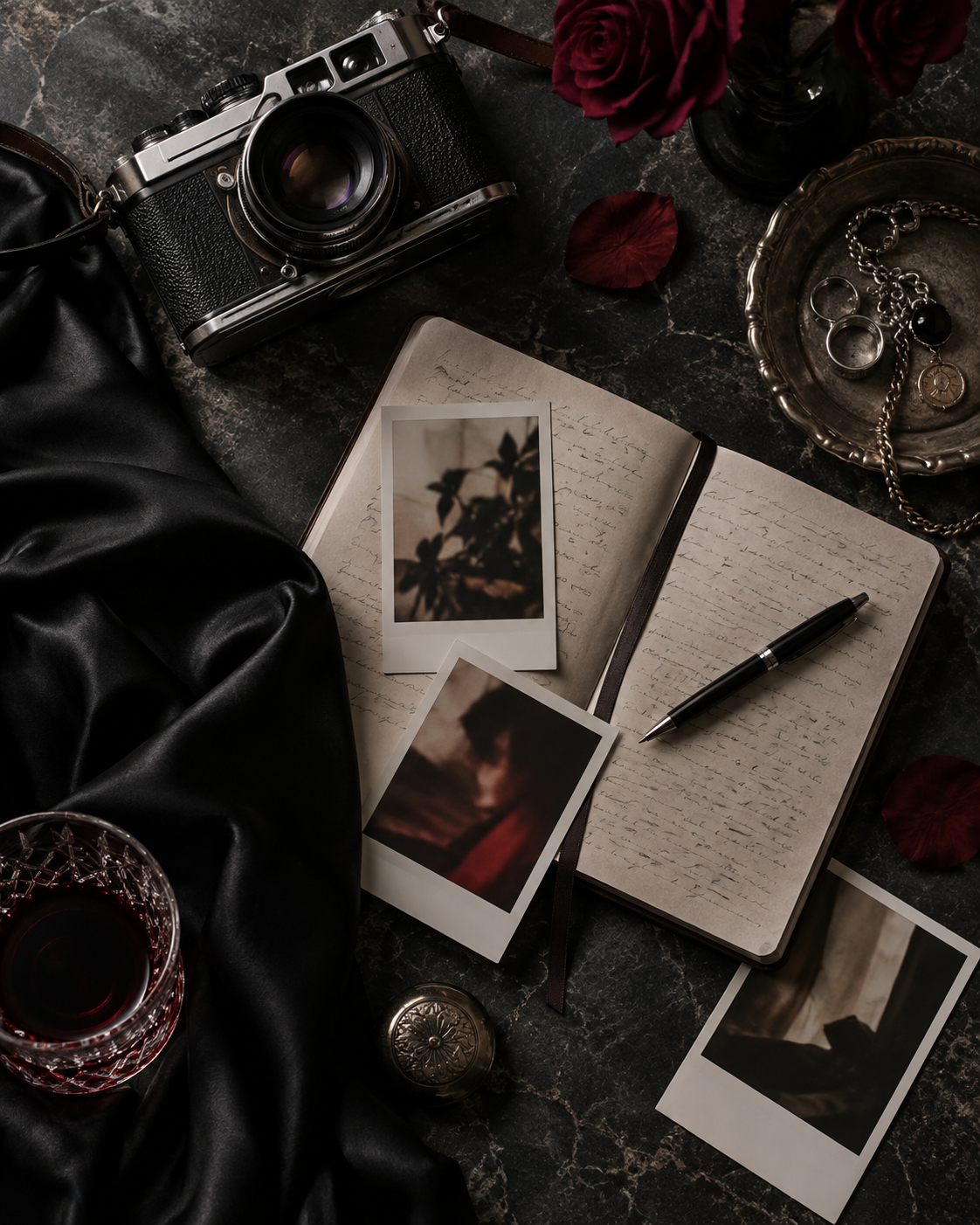 Private creative archive with camera and notebook