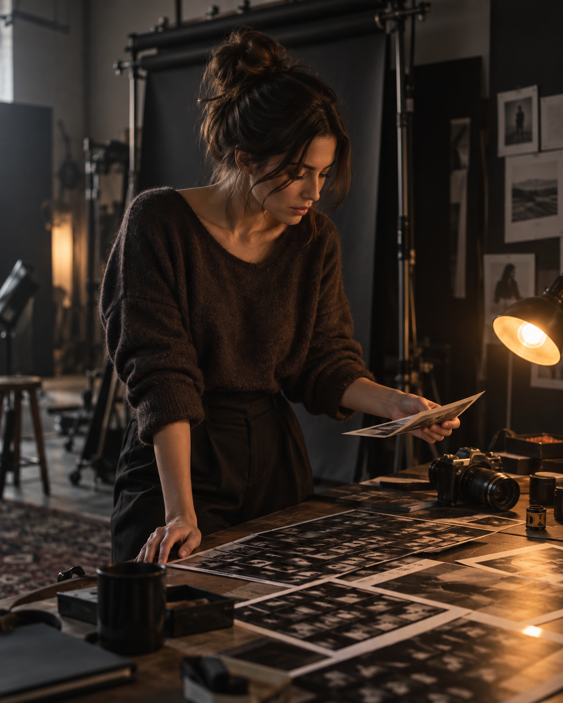 Creator reviewing photography contact sheets